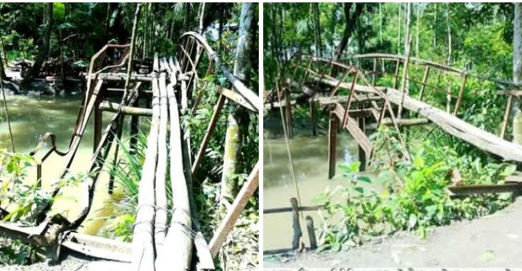 রাজাপুরে আয়রন ব্রীজ ভেঙ্গে যাওয়ায় ত্রিশ বছর কষ্ট করছেন দুই গ্রামের মানুষ